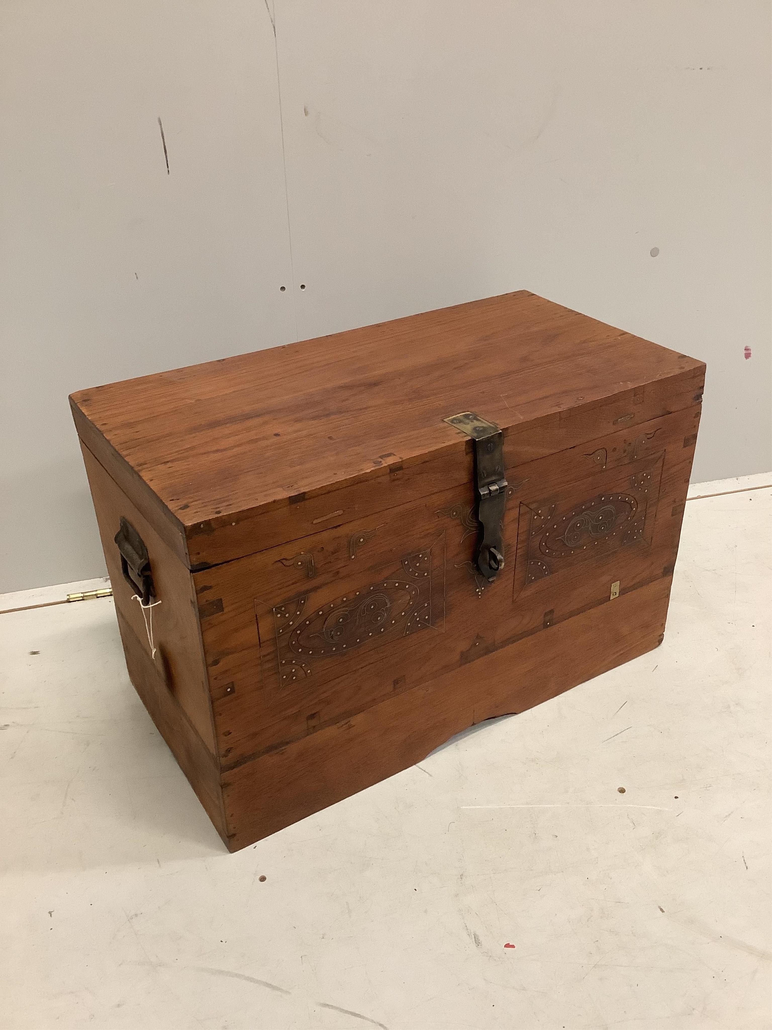 A small Indian brass mounted hardwood trunk, width 68cm, depth 36cm, height 43cm. Condition - fair to good.